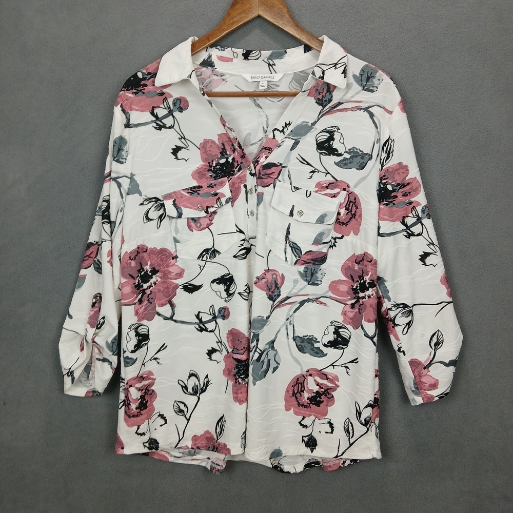 Emily Daniels Blouse Top Womens Large White Floral Roll Tab Sleeve Button Front